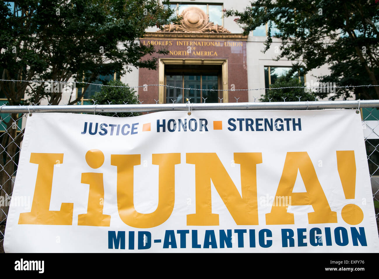 A logo sign outside of the headquarters of the Laborers' International Union Of North America (LiUNA) labor union in Washington, Stock Photo