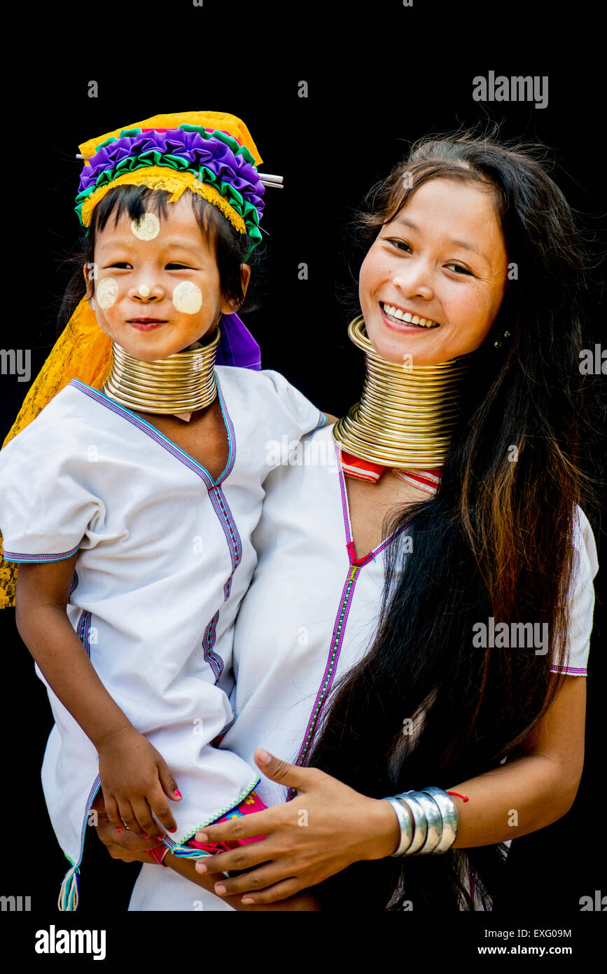 Kayan hill tribe mother and daughter Stock Photo