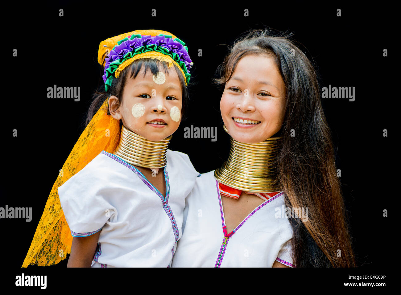 Kayan hill tribe mother and daughter Stock Photo