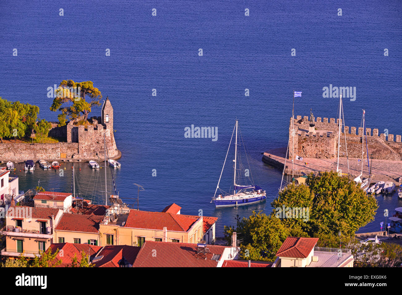 Close up view to Nafpaktos medieval harbour and town in Aetoloacarnania region,  Sterea Ellada, Greece Stock Photo