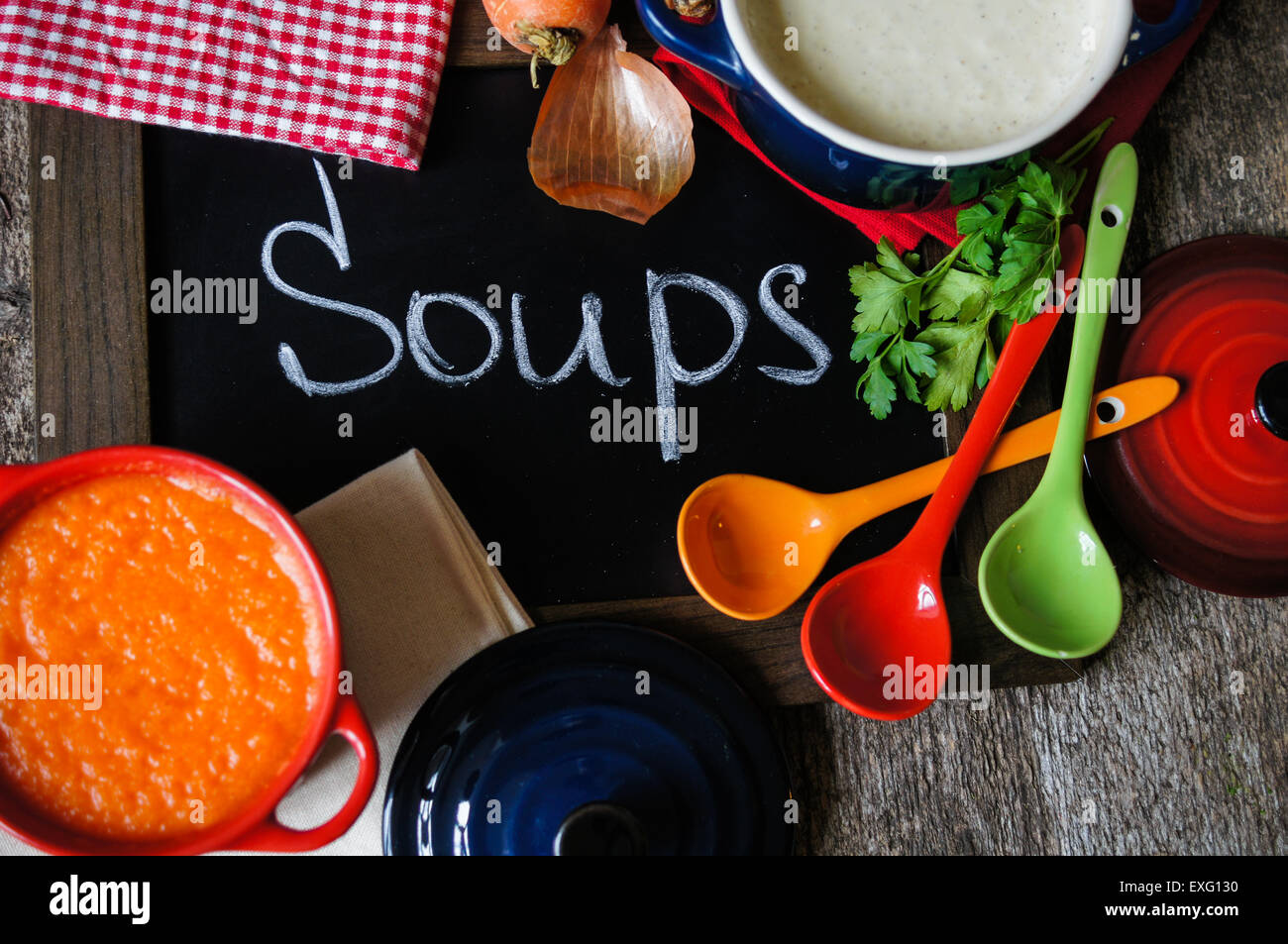 Different kinds of soups sprinach soup, french onion creamsoup and