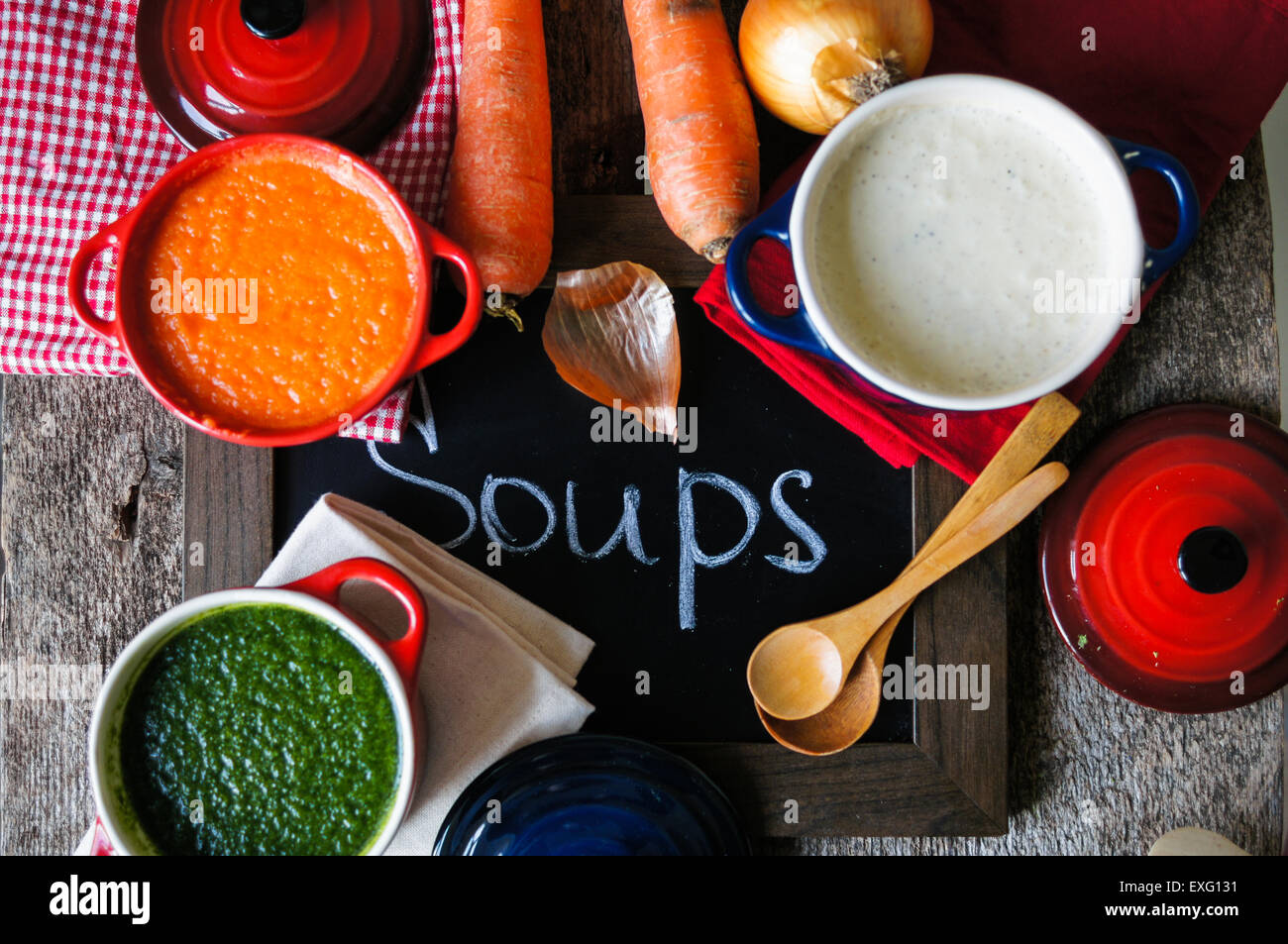 Different kinds of soups sprinach soup, french onion creamsoup and