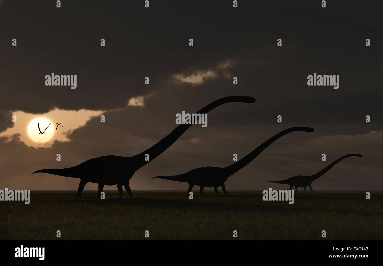 Storm Breaking Above A Herd Of Omeisaurus Sauropod Dinosaurs. Stock Photo