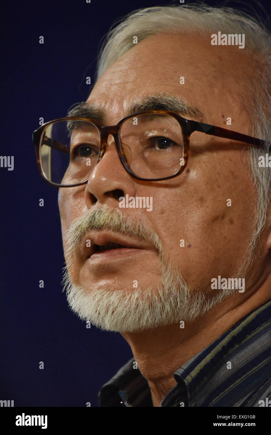 Tokyo, Japan. 13th July, 2015. Japan's Oscar-awarded animator Hayao Miyazaki attends a press conference at the Foreign Correspondents' Club of Japan in Tokyo, Japan, on July 13, 2015. Hayao Miyazaki Monday urged the Japanese government to follow the country 's 70-year pacifism since the end of World War II by dropping a plan to build a replacement within Okinawa for a controversial U.S. airbase and a security-related legislation package to allow Japan' s defense forces to exercising the right to collective defense. © Foreign Correspondents' Club of Japan/Xinhua/Alamy Live News Stock Photo