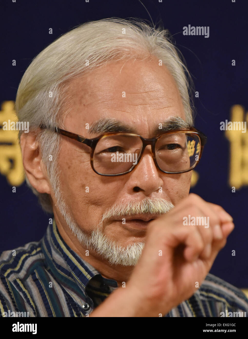 Tokyo, Japan. 13th July, 2015. Japan's Oscar-awarded animator Hayao Miyazaki speaks at a press conference at the Foreign Correspondents' Club of Japan in Tokyo, Japan, on July 13, 2015. Hayao Miyazaki Monday urged the Japanese government to follow the country 's 70-year pacifism since the end of World War II by dropping a plan to build a replacement within Okinawa for a controversial U.S. airbase and a security-related legislation package to allow Japan' s defense forces to exercising the right to collective defense. © Foreign Correspondents' Club of Japan/Xinhua/Alamy Live News Stock Photo