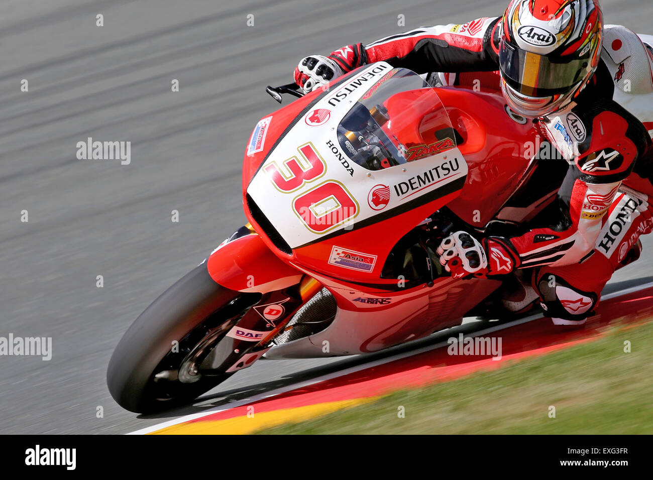 Japanese Moto2 rider Takaaki Nakagami of IDEMITSU Honda Asia in action  during the first free practise at the Motorcycle World Championship Grand  Prix of Germany at the Sachsenring racing circuit in Hohenstein-Ernstthal,