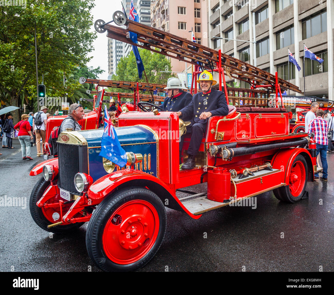 Australia, New South Wales, Sydney, vintage fire engines exhibited in Macquarie Street during CARnivale on Australia Day 2015 Stock Photo