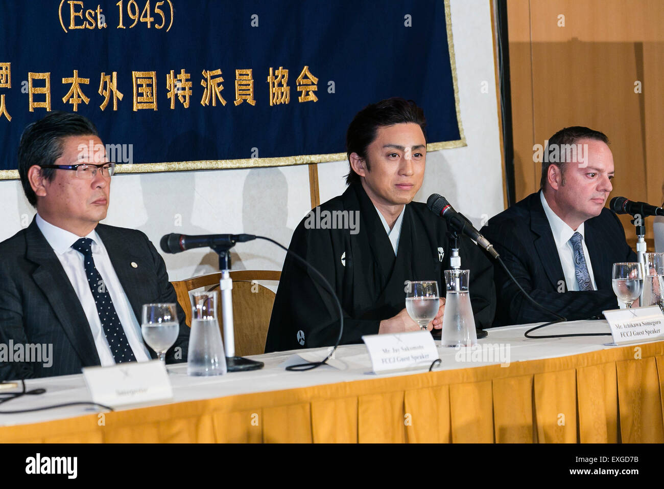 (L to R) Jay (Junichi) Sakamoto President and CEO of Shochiku Co., Ltd., Ichikawa Somegoro (the 7th) Kabuki actor, and Ed Bowers representative Officer and CEO of MGM Resorts Japan, LLC, attend a press conference to announce the ''Japan KABUKI Festival in Las Vegas 2015-2016'' at the Foreign Correspondents' Club of Japan on July 14, 2015, Tokyo, Japan. The festival will open with 3 nights of Ichikawa Somegoro (the 7th) performing the Kabuki classic ''Koi-Tsukami'' or ''Fight With A Carp'' at the fountains of Bellagio Hotel from August 14th to 16th. According to organizers some Japanese fans ha Stock Photo