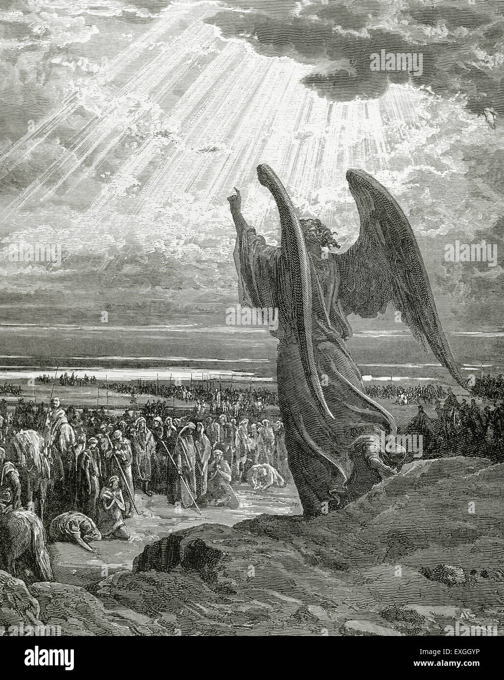 An angel appears Joshua's army. Book of Judges. Chapter 11, verses 1-5. Engraving by Gustave Dore (1832-1883). Stock Photo