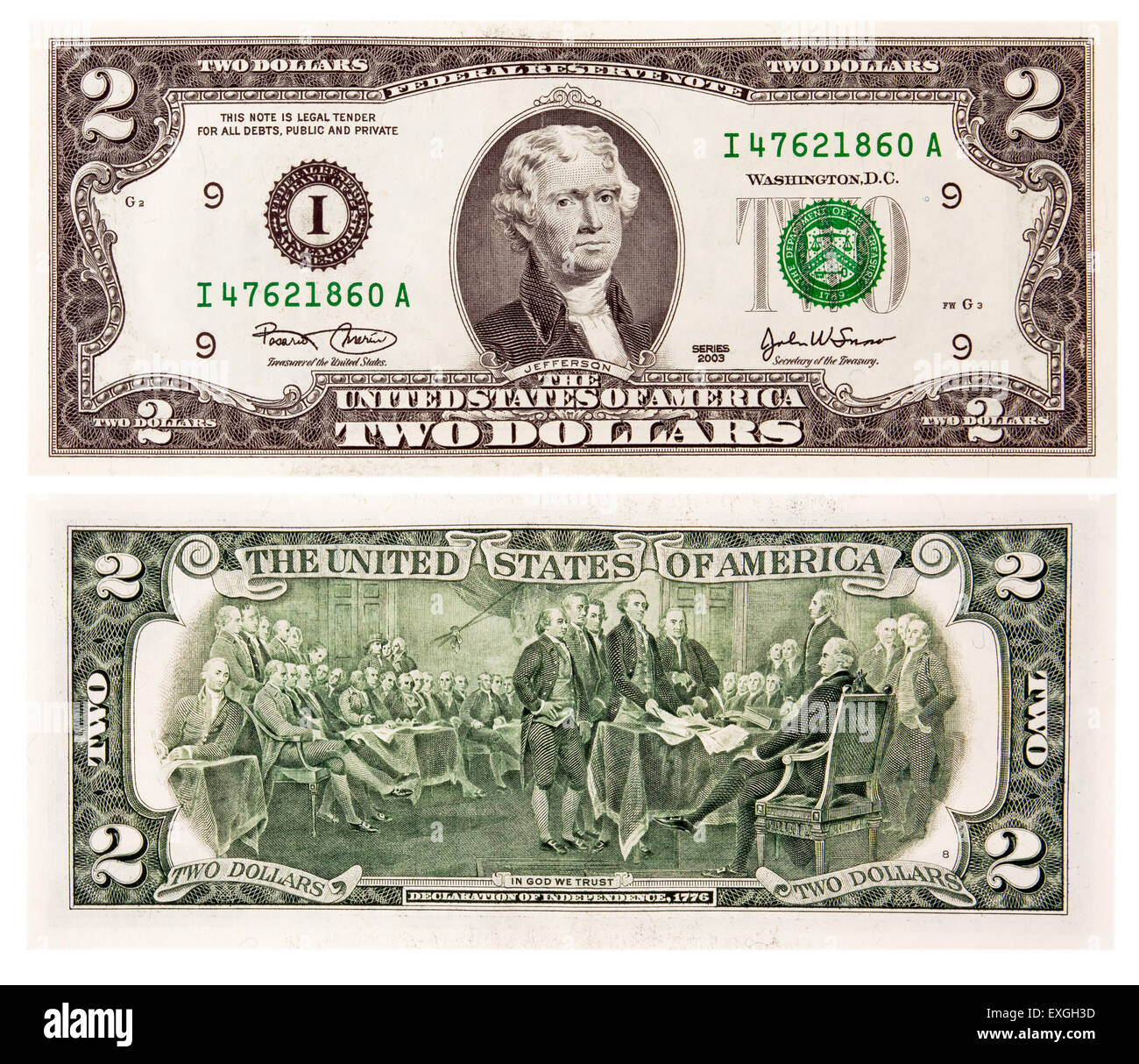 Two USA dollars isolated on white background Stock Photo - Alamy