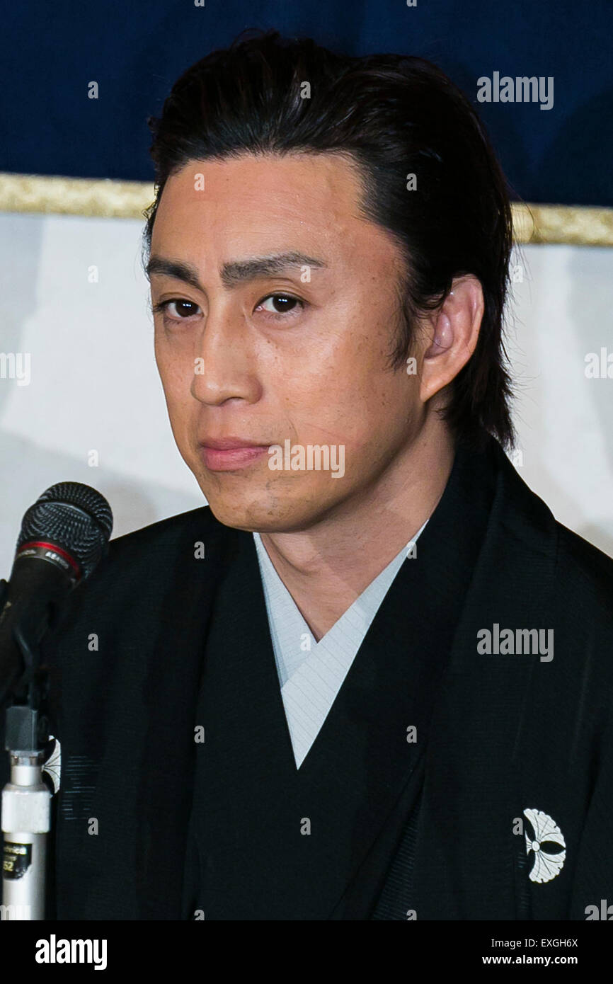 Ichikawa Somegoro (the 7th) Kabuki actor attends a press conference to announce the ''Japan KABUKI Festival in Las Vegas 2015-2016'' at the Foreign Correspondents' Club of Japan on July 14, 2015, Tokyo, Japan. The festival will open with 3 nights of Ichikawa Somegoro (the 7th) performing the Kabuki classic ''Koi-Tsukami'' or ''Fight With A Carp'' at the fountains of Bellagio Hotel from August 14th to 16th. According to organizers some Japanese fans have already booked their flights to Las Vegas. © Rodrigo Reyes Marin/AFLO/Alamy Live News Stock Photo