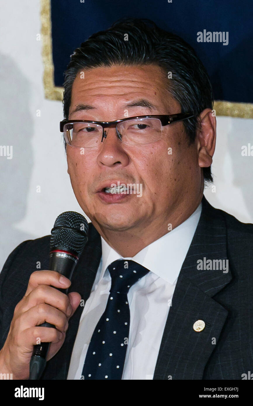 Jay (Junichi) Sakamoto President and CEO of Shochiku Co., Ltd. speaks during a press conference to announce the ''Japan KABUKI Festival in Las Vegas 2015-2016'' at the Foreign Correspondents' Club of Japan on July 14, 2015, Tokyo, Japan. The festival will open with 3 nights of Ichikawa Somegoro (the 7th) performing the Kabuki classic ''Koi-Tsukami'' or ''Fight With A Carp'' at the fountains of Bellagio Hotel from August 14th to 16th. According to organizers some Japanese fans have already booked their flights to Las Vegas. © Rodrigo Reyes Marin/AFLO/Alamy Live News Stock Photo