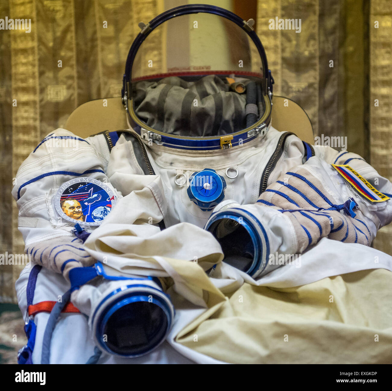 A Russian sokol suits is ready to be donned ahead of the second day of qualification exams with Russian cosmonaut Oleg Kononenko, NASA astronaut Kjell Lindgren, and Japan Aerospace Exploration Agency (JAXA) astronaut Kimya Yui, Thursday, May 7, 2015 at the Gagarin Cosmonaut Training Center (GCTC) in Star City, Russia. The Expedition 44/45 trio is preparing for launch to the International Space Station in their Soyuz TMA-17M spacecraft from the Baikonur Cosmodrome in Kazakhstan. Stock Photo