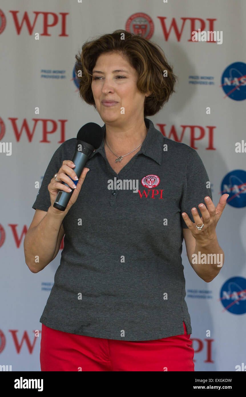 Worcester Polytechnic Institute (WPI) President Laurie Leshin speaks at the opening of the TouchTomorrow Festival, held in conjunction with the 2015 Sample Return Robot Challenge, Saturday, June 13, 2015 at the Worcester Polytechnic Institute (WPI) in Worcester, Mass.  Sixteen teams competed for a $1.5 million NASA prize purse. Teams will be required to demonstrate autonomous robots that can locate and collect samples from a wide and varied terrain, operating without human control. The objective of this NASA-WPI Centennial Challenge is to encourage innovations in autonomous navigation and robo Stock Photo