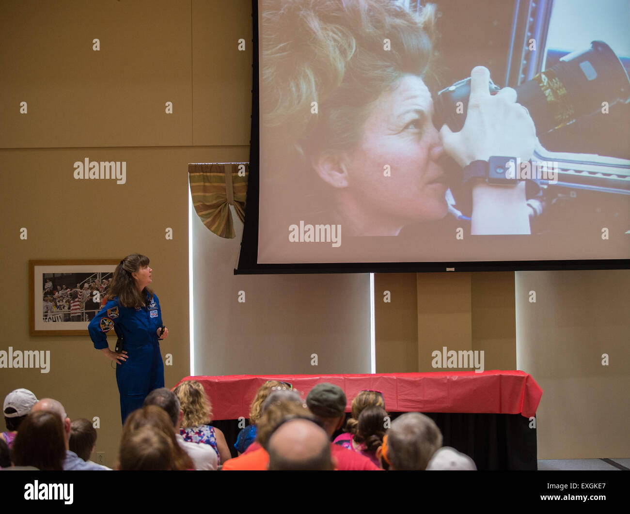 NASA astronaut Cady Coleman speaks to attendees of the TouchTomorrow Festival, held in conjunction with the 2015 Sample Return Robot Challenge, Saturday, June 13, 2015 at the Worcester Polytechnic Institute (WPI) in Worcester, Mass.  Sixteen teams competed for a $1.5 million NASA prize purse. Teams will be required to demonstrate autonomous robots that can locate and collect samples from a wide and varied terrain, operating without human control. The objective of this NASA-WPI Centennial Challenge is to encourage innovations in autonomous navigation and robotics technologies. Innovations stemm Stock Photo