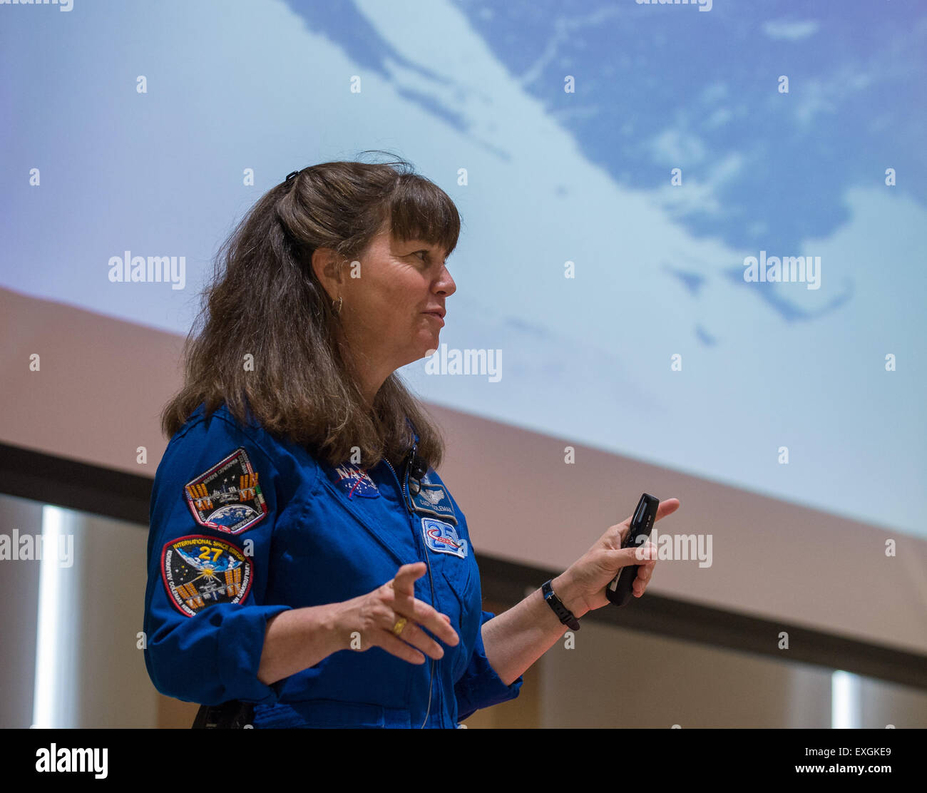 NASA astronaut Cady Coleman speaks to attendees of the TouchTomorrow Festival, held in conjunction with the 2015 Sample Return Robot Challenge, Saturday, June 13, 2015 at the Worcester Polytechnic Institute (WPI) in Worcester, Mass.  Sixteen teams competed for a $1.5 million NASA prize purse. Teams will be required to demonstrate autonomous robots that can locate and collect samples from a wide and varied terrain, operating without human control. The objective of this NASA-WPI Centennial Challenge is to encourage innovations in autonomous navigation and robotics technologies. Innovations stemm Stock Photo