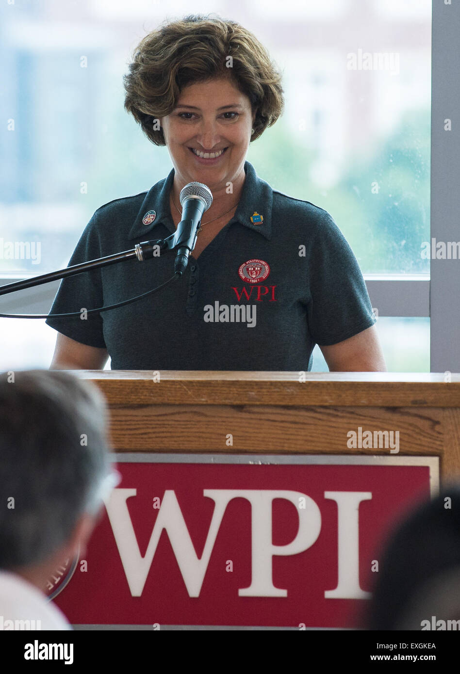 Worcester Polytechnic Institute (WPI) President Laurie Leshin speaks at a luncheon during the TouchTomorrow Festival, held in conjunction with the 2015 Sample Return Robot Challenge, Saturday, June 13, 2015 at the Worcester Polytechnic Institute (WPI) in Worcester, Mass.  Sixteen teams competed for a $1.5 million NASA prize purse. Teams will be required to demonstrate autonomous robots that can locate and collect samples from a wide and varied terrain, operating without human control. The objective of this NASA-WPI Centennial Challenge is to encourage innovations in autonomous navigation and r Stock Photo