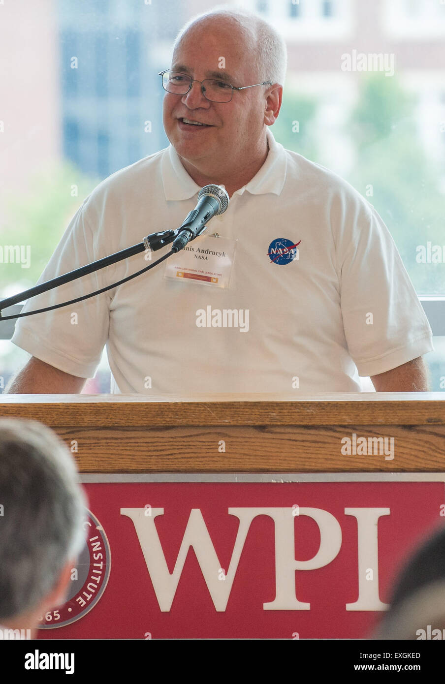 Dennis Andrucyk, deputy associate administrator for the Space Technology Mission Directorate at NASA Headquarters, speaks at a luncheon during the TouchTomorrow Festival, held in conjunction with the 2015 Sample Return Robot Challenge, Saturday, June 13, 2015 at the Worcester Polytechnic Institute (WPI) in Worcester, Mass.  Sixteen teams competed for a $1.5 million NASA prize purse. Teams will be required to demonstrate autonomous robots that can locate and collect samples from a wide and varied terrain, operating without human control. The objective of this NASA-WPI Centennial Challenge is to Stock Photo