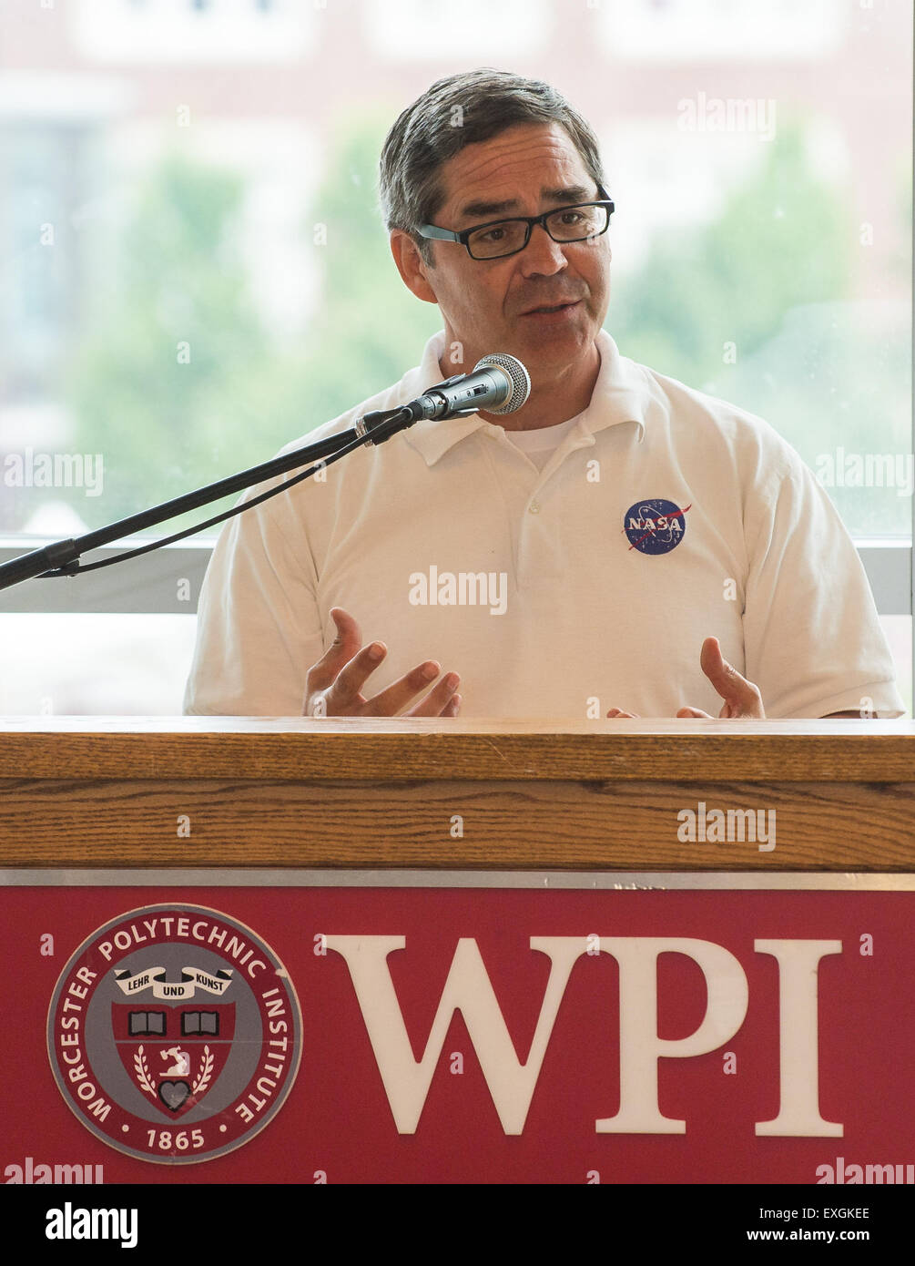 Sam Ortega, program manager for Centennial Challenges at NASA speaks at a luncheon during the TouchTomorrow Festival, held in conjunction with the 2015 Sample Return Robot Challenge, Saturday, June 13, 2015 at the Worcester Polytechnic Institute (WPI) in Worcester, Mass.  Sixteen teams competed for a $1.5 million NASA prize purse. Teams will be required to demonstrate autonomous robots that can locate and collect samples from a wide and varied terrain, operating without human control. The objective of this NASA-WPI Centennial Challenge is to encourage innovations in autonomous navigation and r Stock Photo