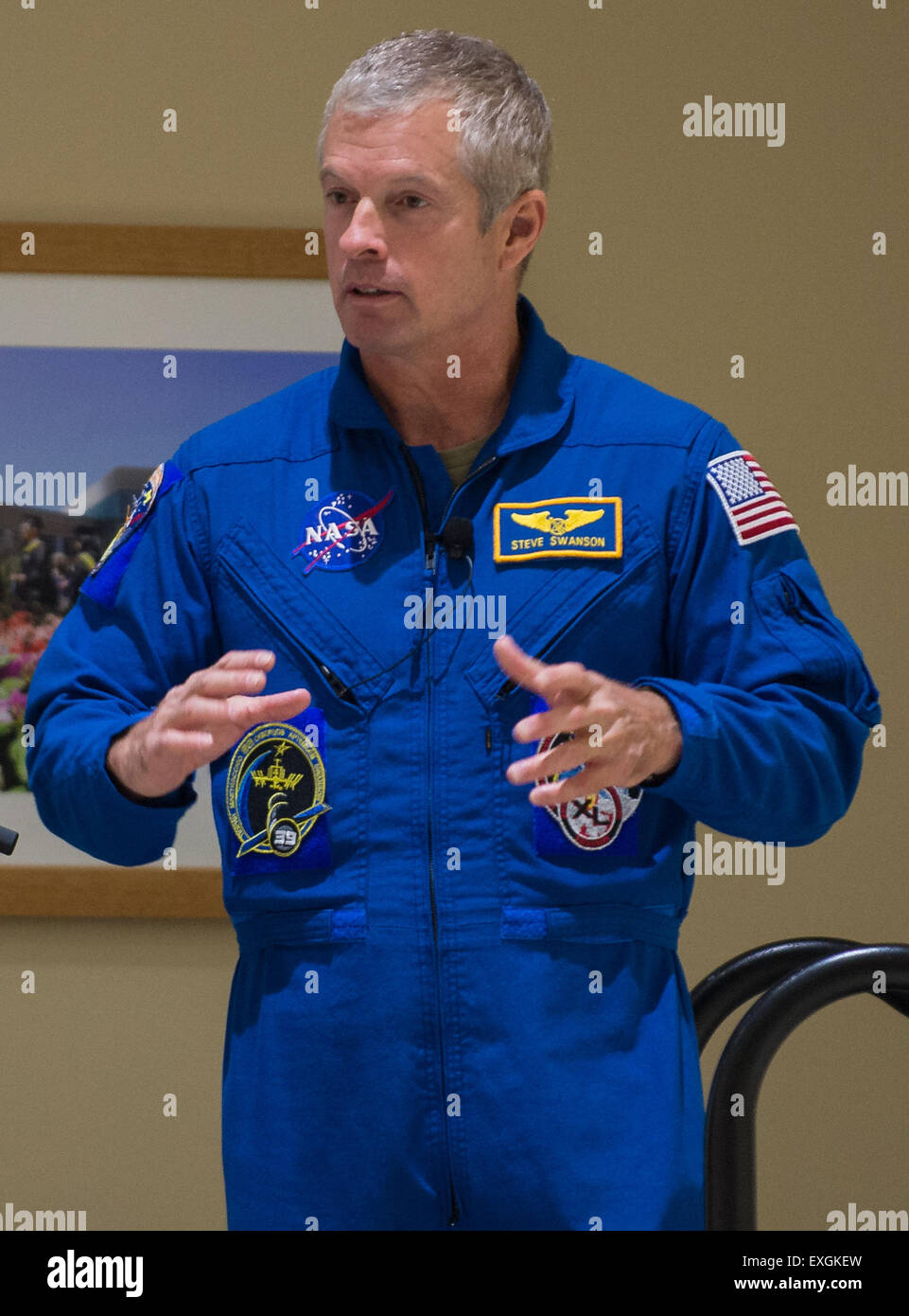 NASA astronaut Steve Swanson speaks about his time aboard the International Space Station during the TouchTomorrow Festival, held in conjunction with the 2015 Sample Return Robot Challenge, Saturday, June 13, 2015 at the Worcester Polytechnic Institute (WPI) in Worcester, Mass.  Sixteen teams competed for a $1.5 million NASA prize purse. Teams will be required to demonstrate autonomous robots that can locate and collect samples from a wide and varied terrain, operating without human control. The objective of this NASA-WPI Centennial Challenge is to encourage innovations in autonomous navigatio Stock Photo