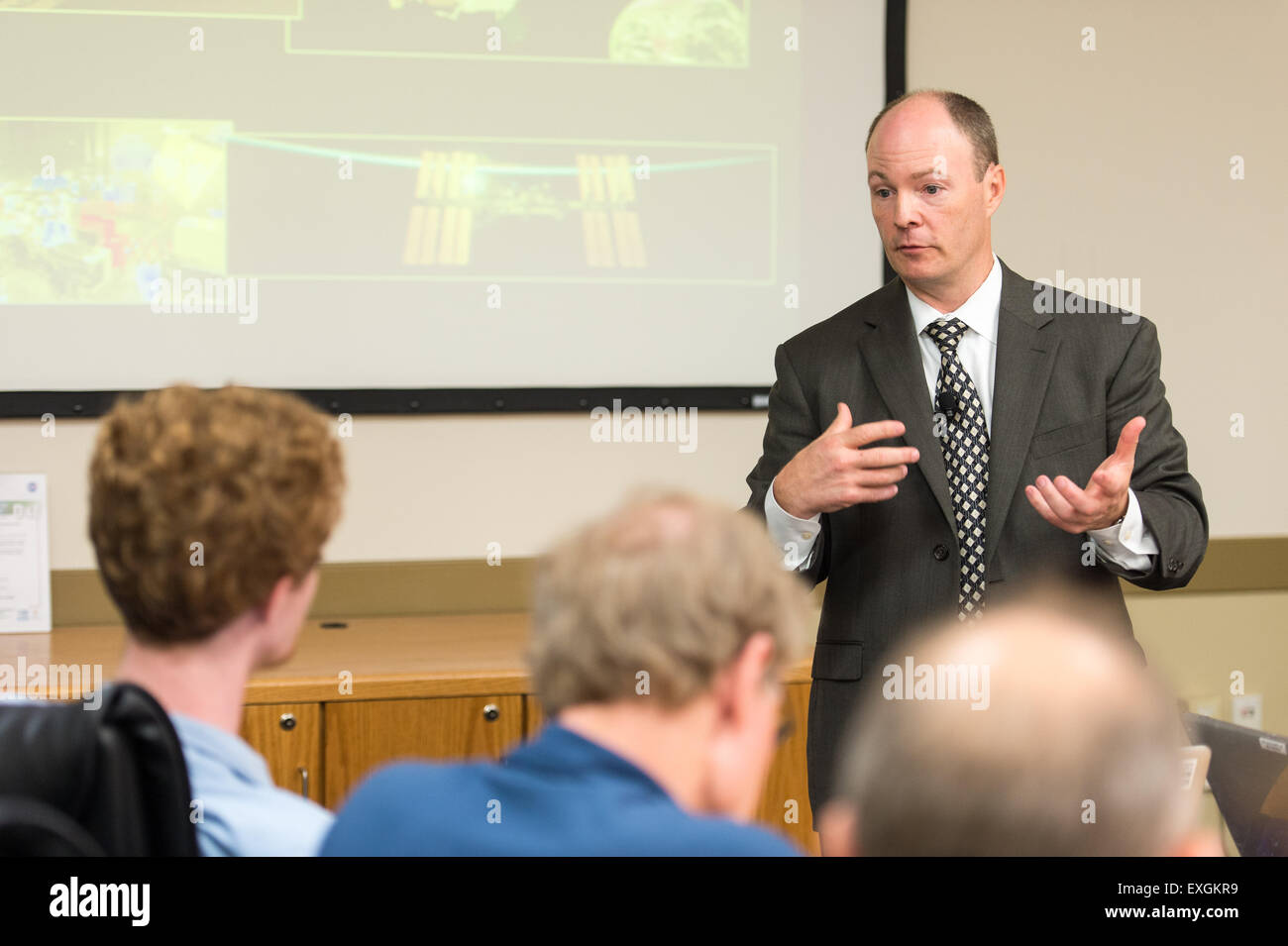 Ben Reed, deputy director, Goddard Satellite Servicing Capabilities Office (SSCO), NASA, updated media on NASA's latest technology for servicing satellites on Tuesday, June 16, 2015 at the Goddard Space Flight Center in Greenbelt, MD. Stock Photo