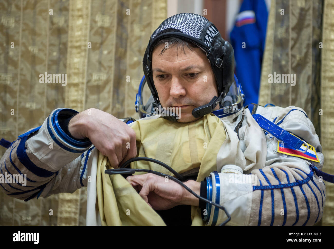 Russian cosmonaut Oleg Kononenko participates in the second day of qualification exams with NASA astronaut Kjell Lindgren, and Japan Aerospace Exploration Agency (JAXA) astronaut Kimya Yui, Thursday, May 7, 2015 at the Gagarin Cosmonaut Training Center (GCTC) in Star City, Russia. The Expedition 44/45 trio is preparing for launch to the International Space Station in their Soyuz TMA-17M spacecraft from the Baikonur Cosmodrome in Kazakhstan. Stock Photo