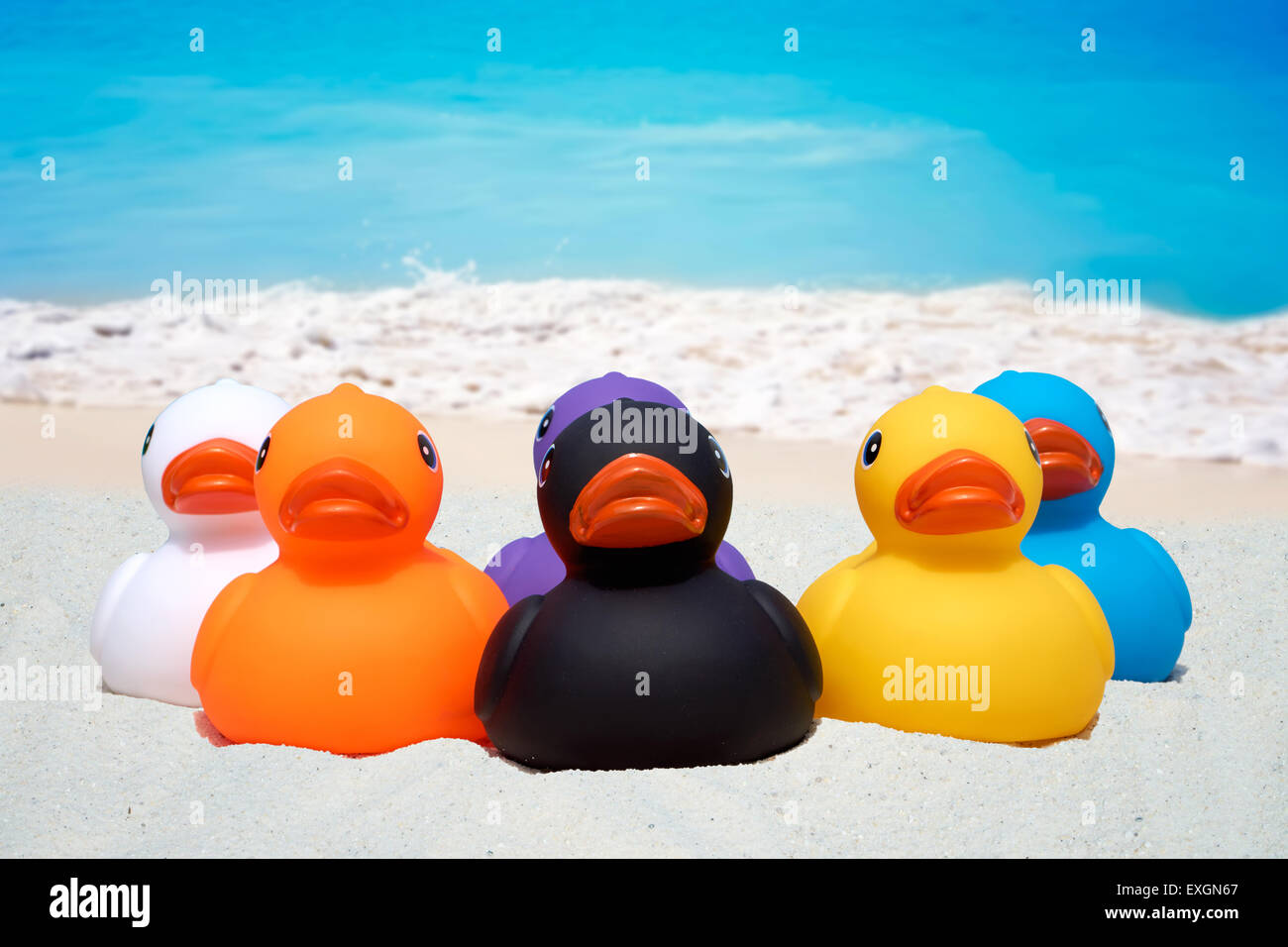 Six colorful rubber ducks on the sandy beach with the ocean in the