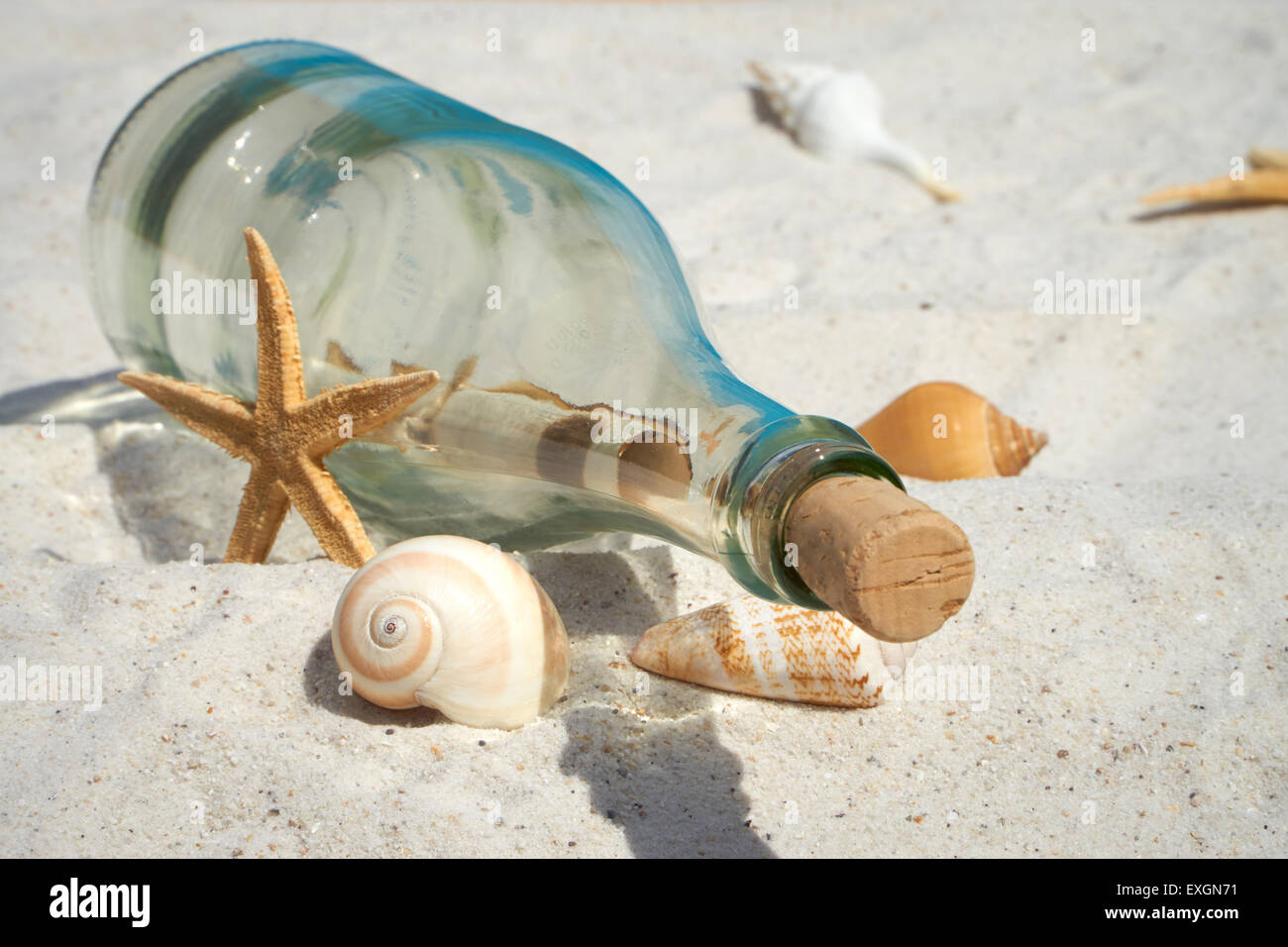 Message in a glass bottle lies on the sand beach with seashells and ...