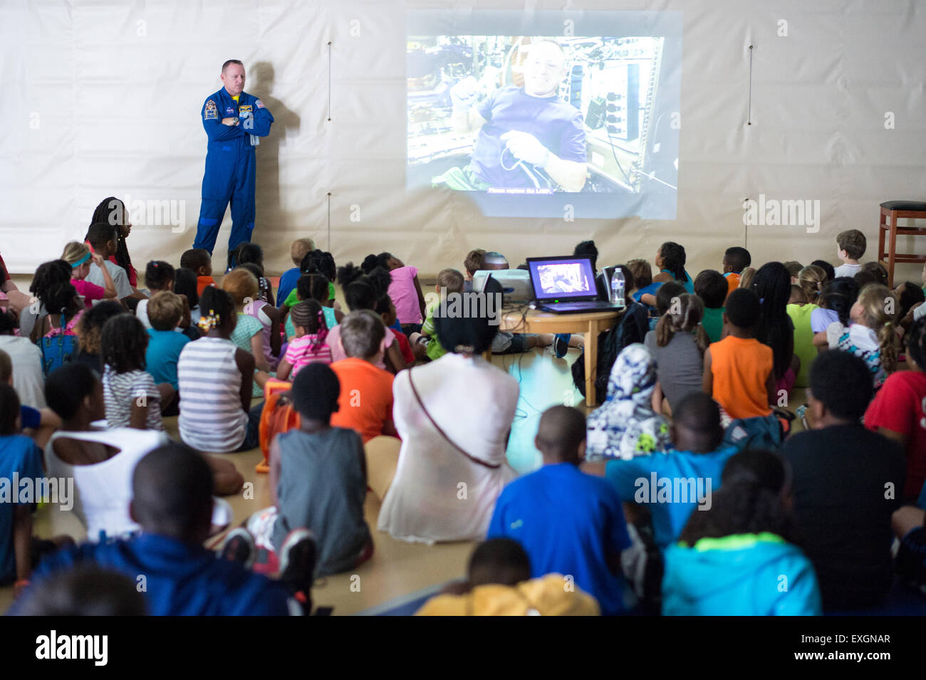 Astronaut Barry &quot;Butch&quot; Wilmore speaks with students attending the Joint Base Anacostia-Bolling (JBAB) Summer Camp about his time aboard the International Space Station June 24, 2015 at JBAB in Washington, DC. Stock Photo