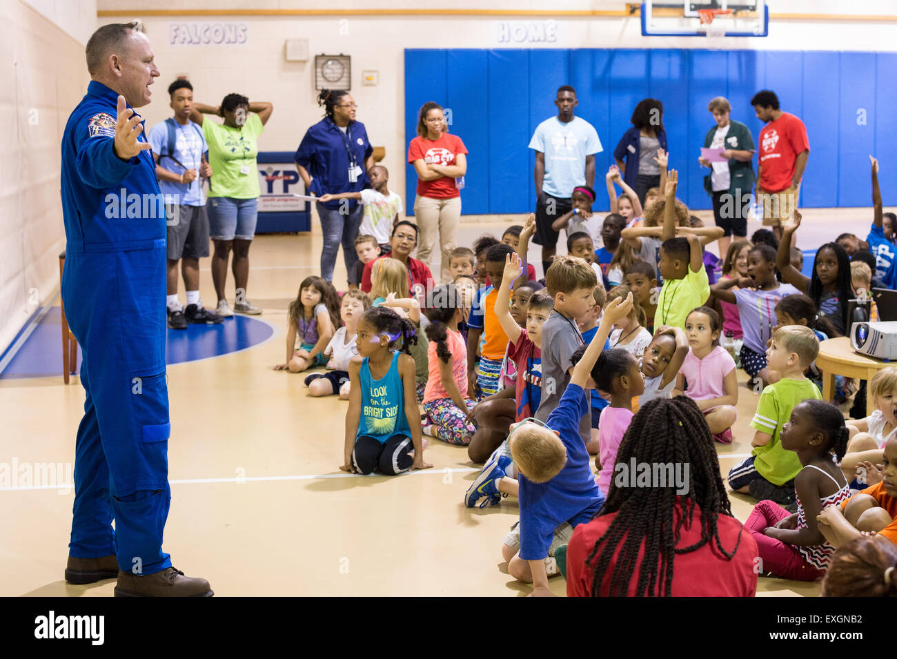 Astronaut Barry &quot;Butch&quot; Wilmore speaks with students attending the Joint Base Anacostia-Bolling (JBAB) Summer Camp about his time aboard the International Space Station June 24, 2015 at JBAB in Washington, DC. Stock Photo