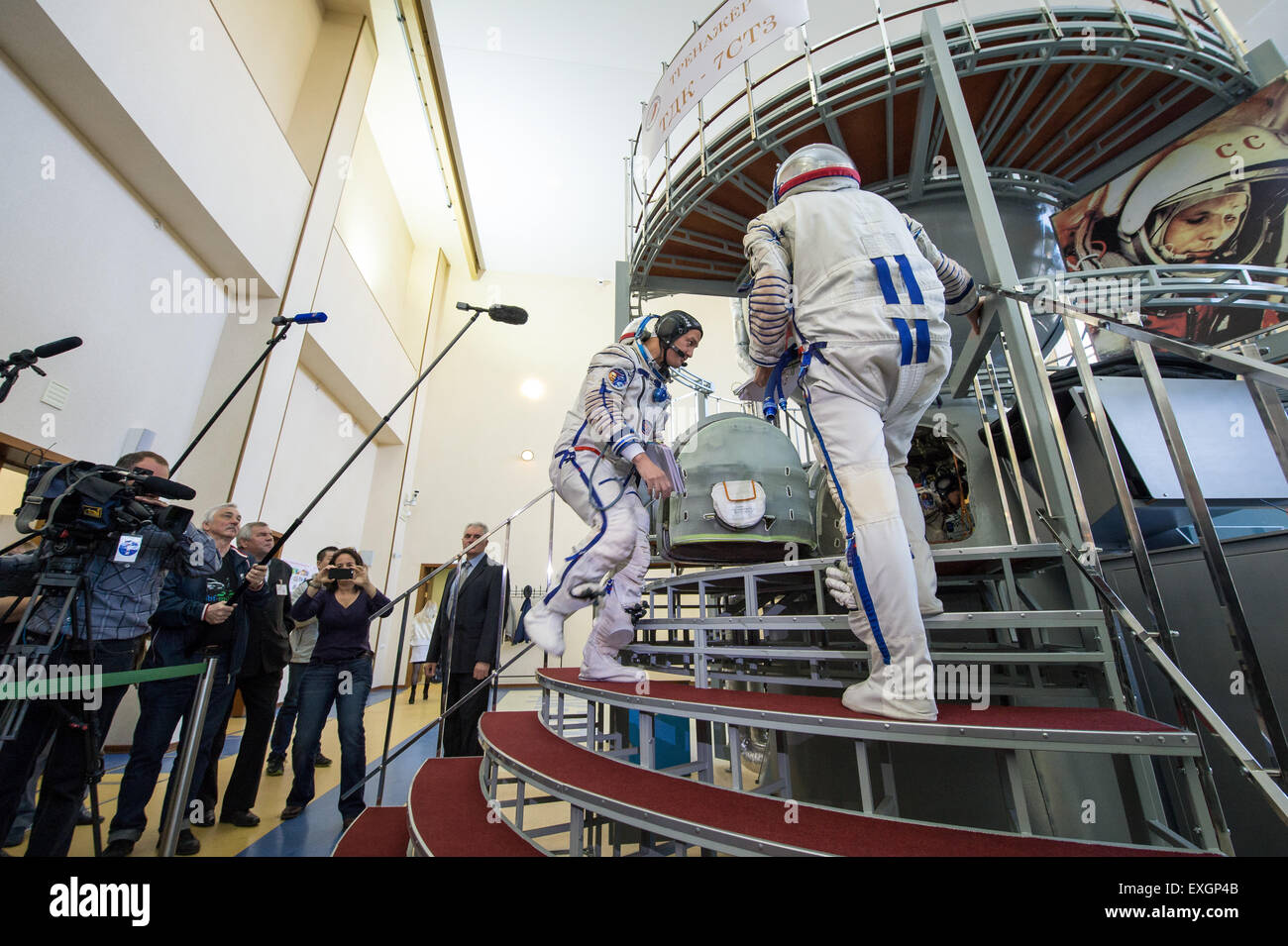 NASA astronaut Kjell Lindgren, left, Russian cosmonaut Oleg Kononenko, right, and Japan Aerospace Exploration Agency astronaut Kimiya Yui participate in the second day of qualification exams, Thursday, May 7, 2015 at the Gagarin Cosmonaut Training Center (GCTC) in Star City, Russia. The Expedition 44/45 trio is preparing for launch to the International Space Station in their Soyuz TMA-17M spacecraft from the Baikonur Cosmodrome in Kazakhstan. Stock Photo