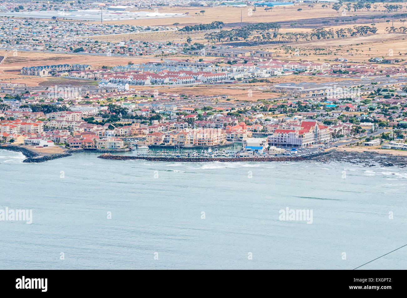 A recreational harbor in Gordons Bay near Cape Town as seen from the start of Clarence Drive Stock Photo