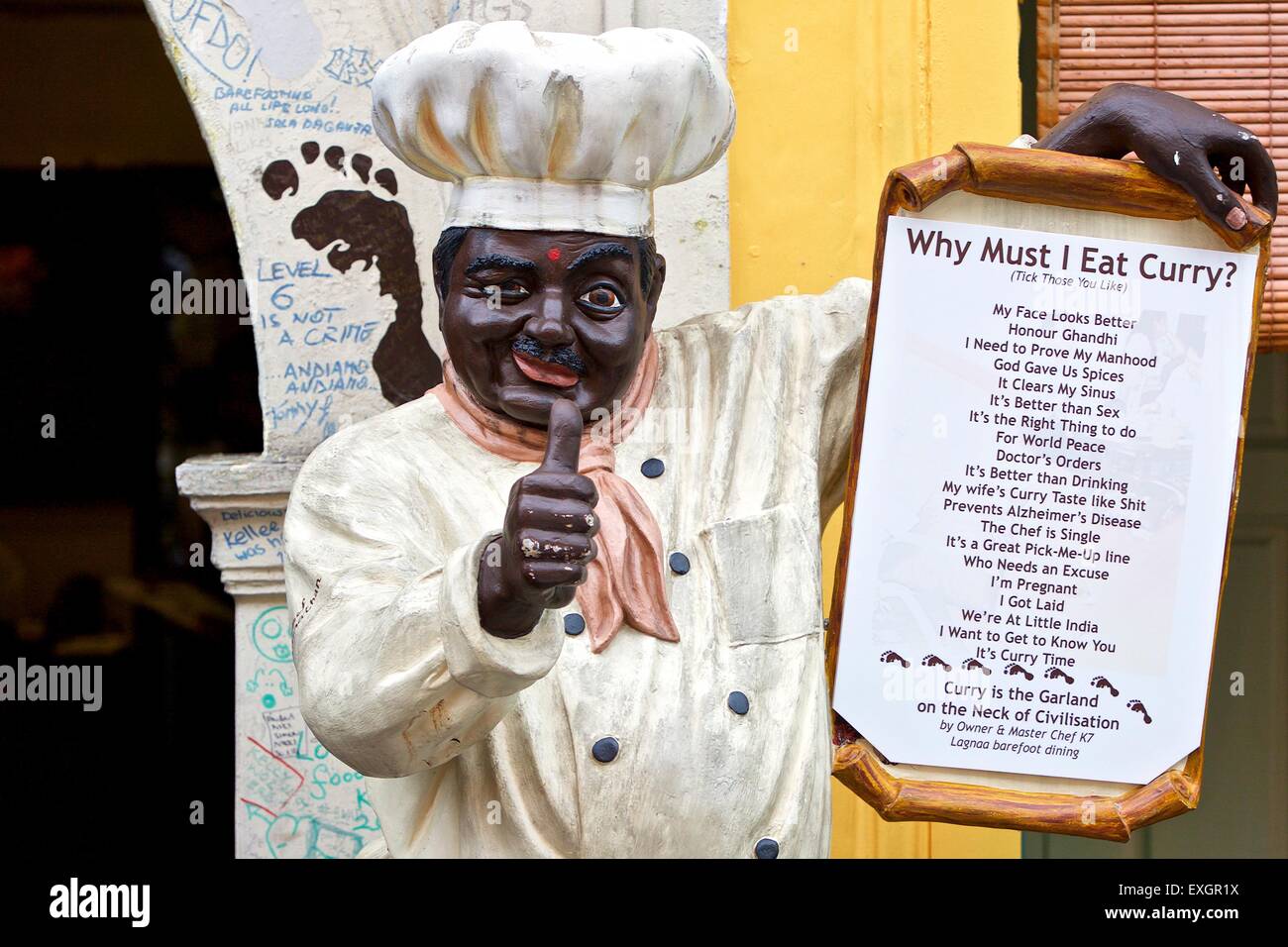 Why Must I Eat Curry ? Quirky Statue Of An Indian Chef Outside An Indian Restaurant In Little India, Singapore. Stock Photo
