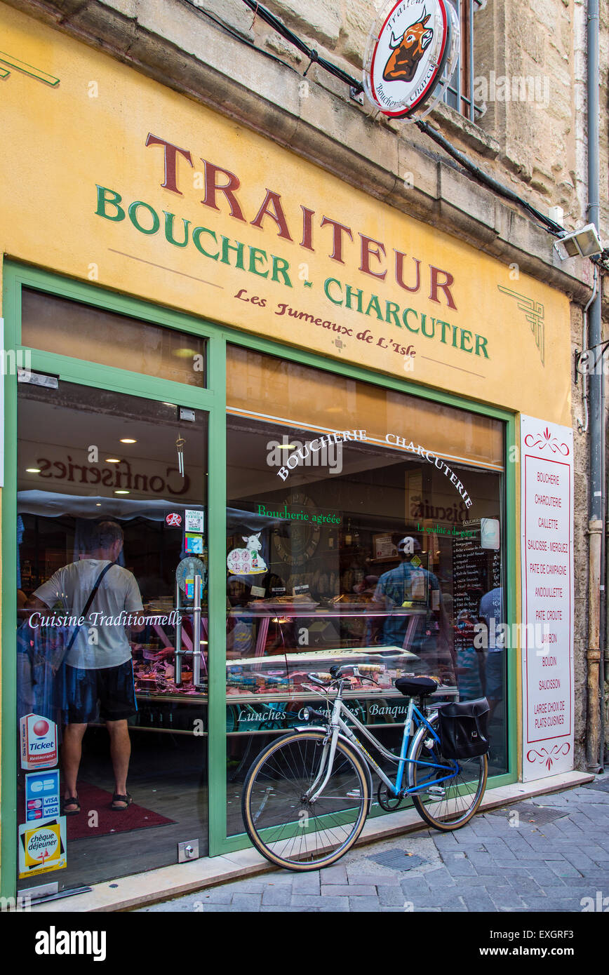 Typical boucher charcutier or butcher shop in L’Isle-sur-la-Sorgue, Provence, France Stock Photo