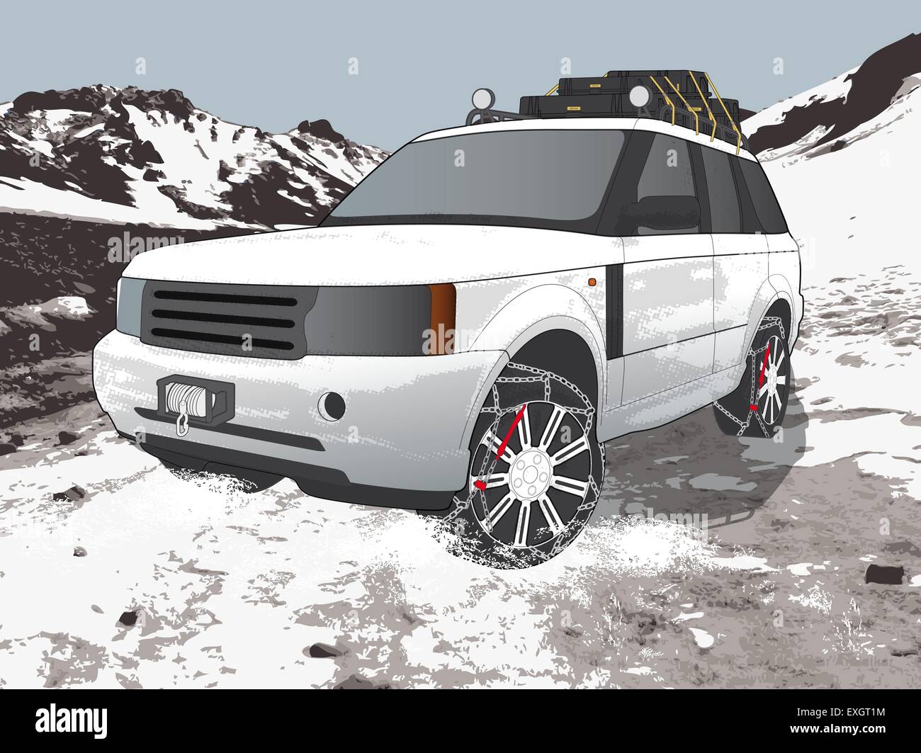 Digital illustration of tyre chains attached to wheels of fourwheel