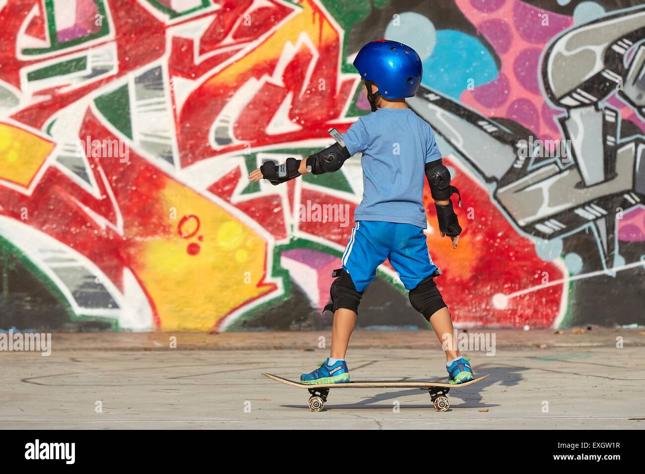 Young Boy Skateboarding in the SCAPE Skate Park, Singapore Stock Photo
