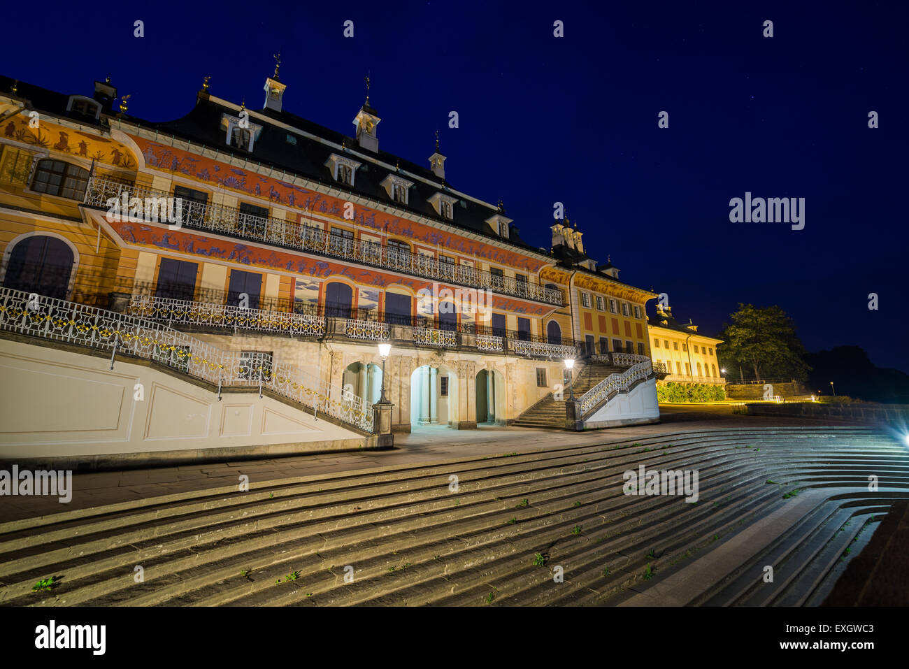 Baroque Schloss Pillnitz Castle at night, Dresden, Saxony, Germany, Europe Stock Photo