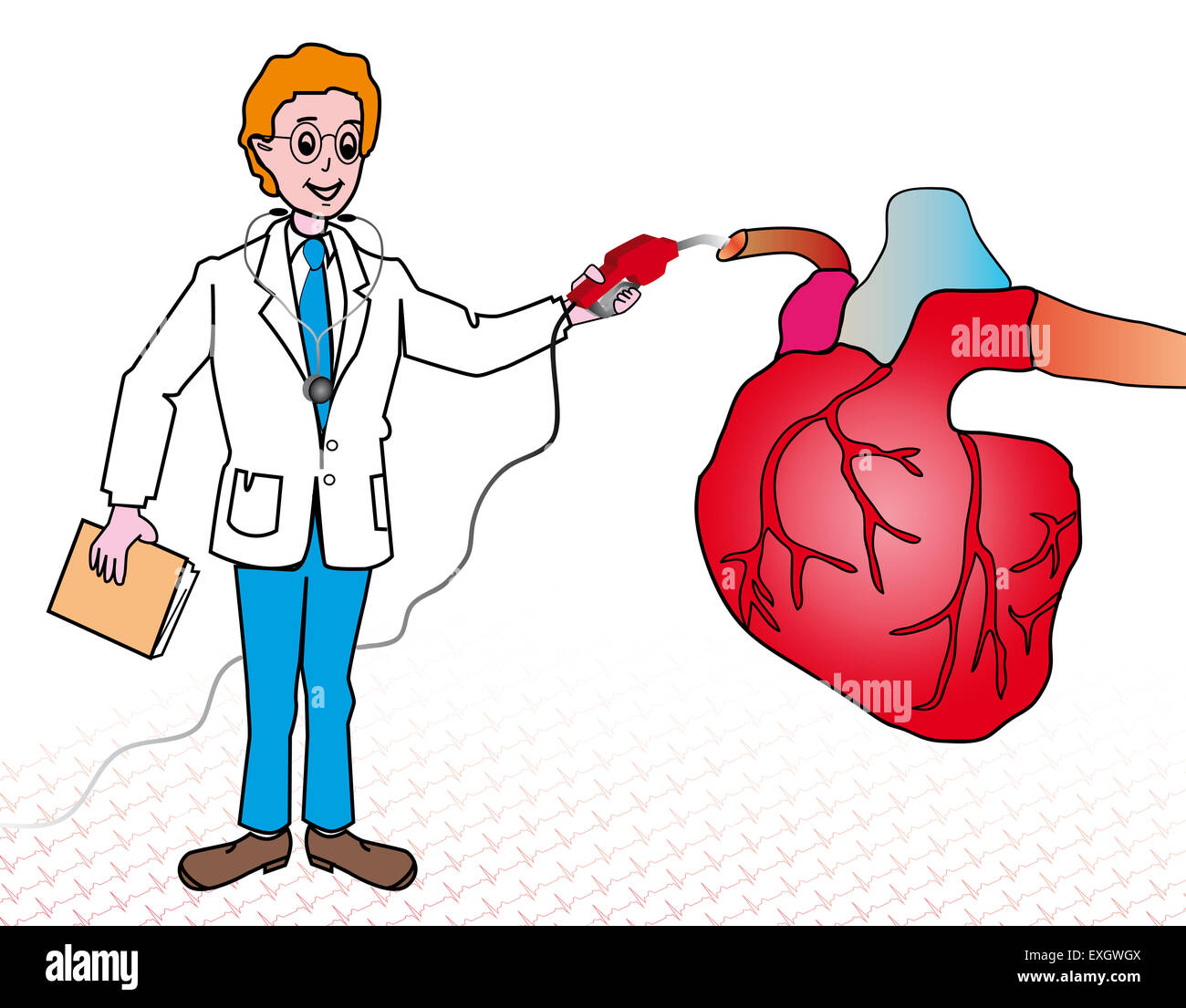 drawing of a heart and a medical doctor with a stethoscope looking after a heart for a heart problem Stock Photo