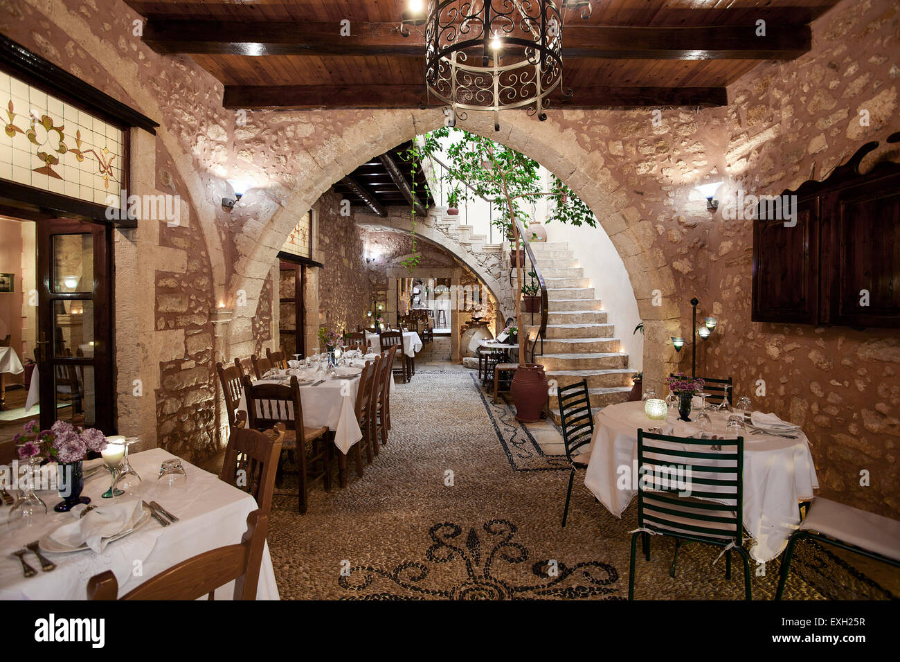 Restored 14th century monastery, converted in to the Veneto Restaurant within the old town of Rethymnon. Stock Photo