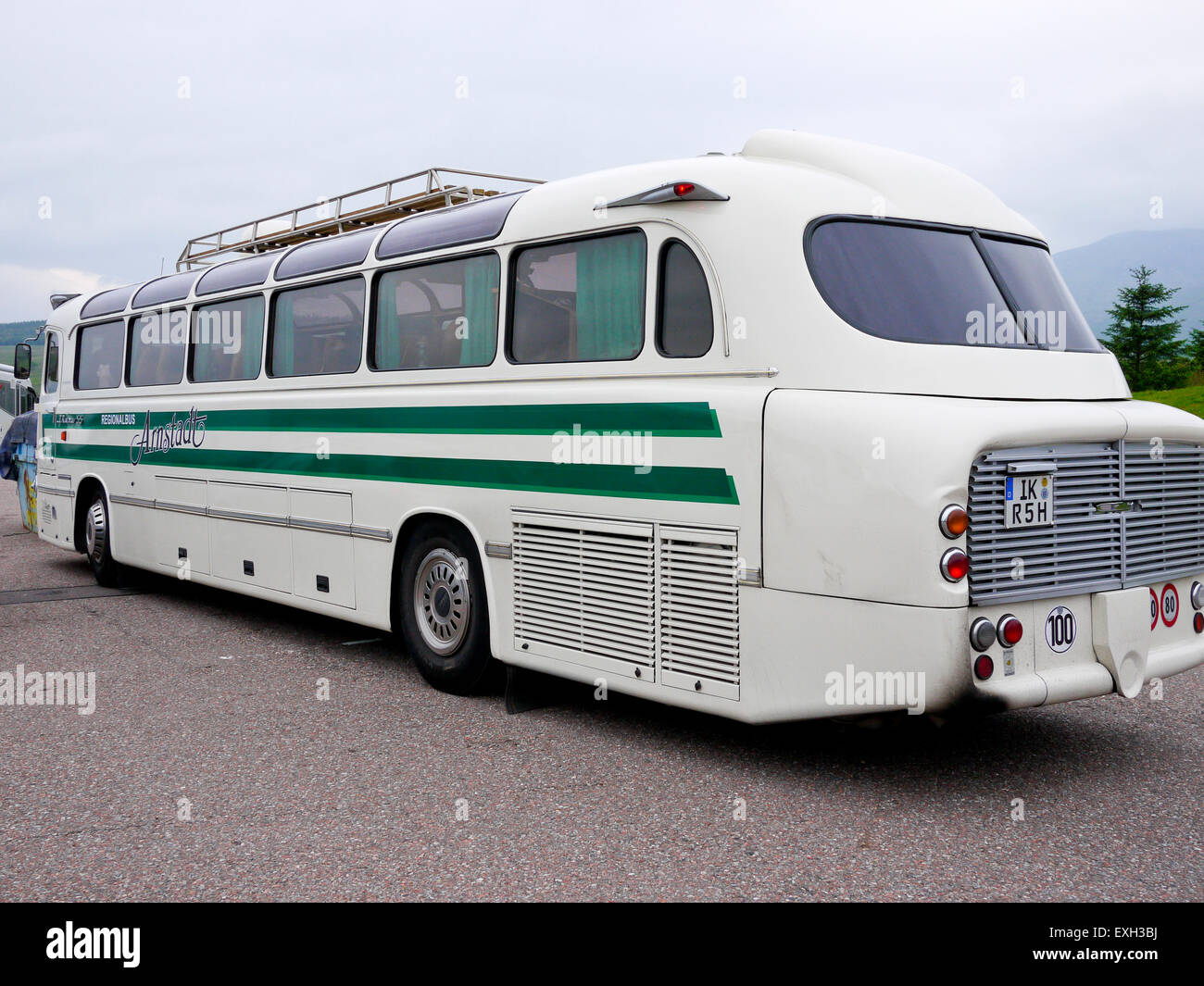 Vintage German Coach Ikarus 55 at commando war monument, Spean Bridge, Fort William, Scotland, UK Stock Photo