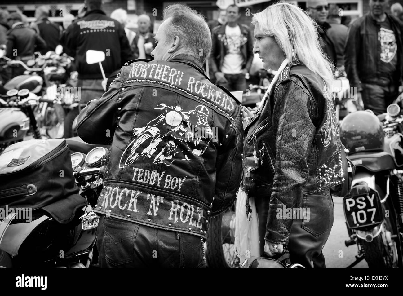 Rockers leather jacket covered in studs, patches and badges. Ton up Day, Jacks Hill Cafe, Northamptonshire, England. Monochrome Stock Photo