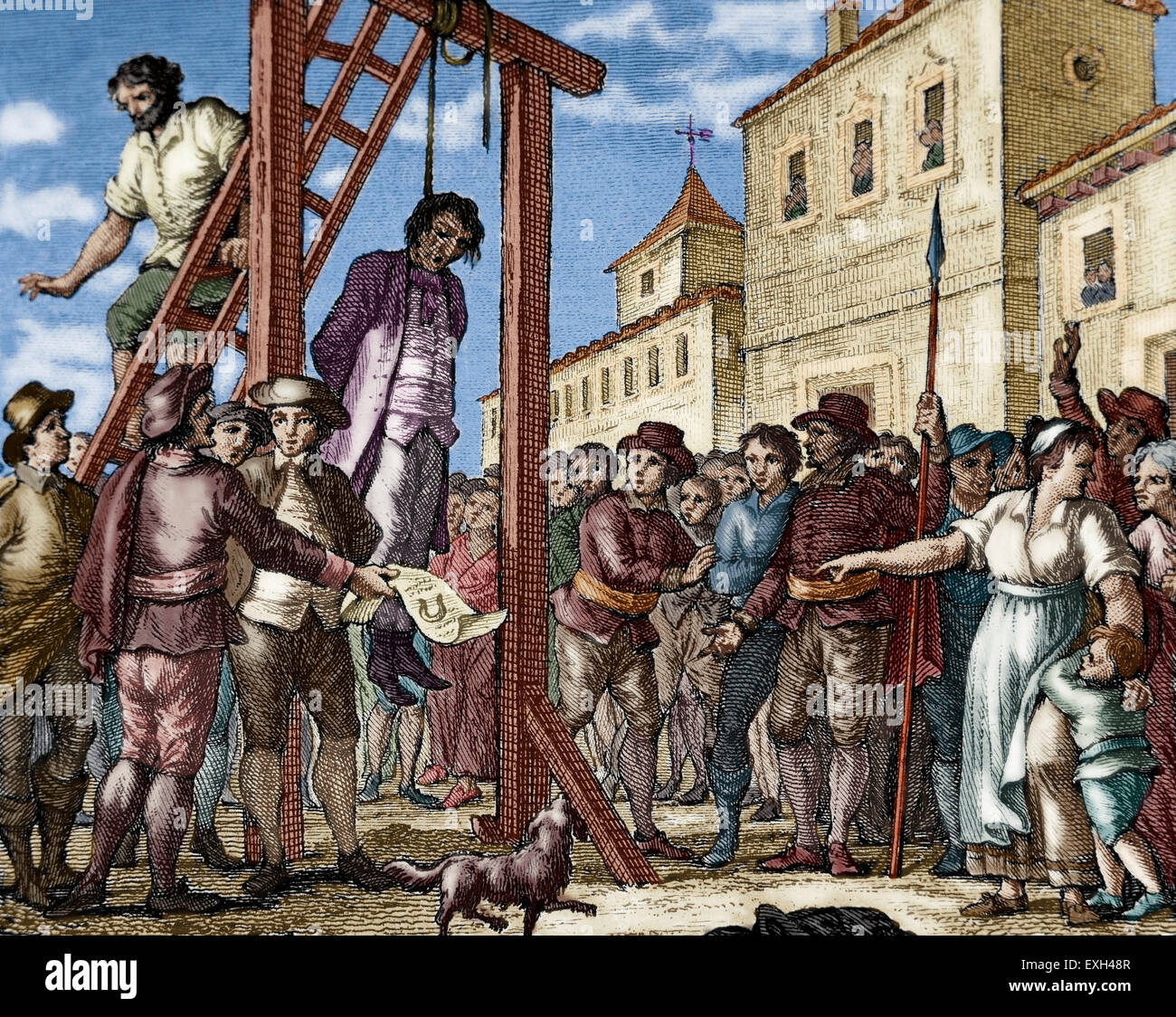Lesser Antilles. Grenada. French occupation. 17th century. Uprising of the colonists against the tyranny of the governor, sentenced to death by hanging. Engraving, 1807. Colored. Stock Photo