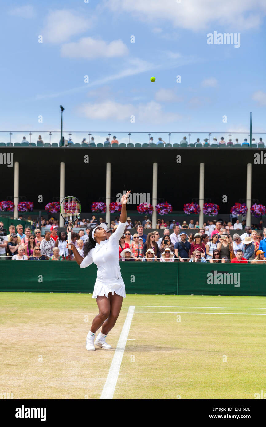 Serena Williams warms up her serve on court No. 5 during the Wimbledon Championships 2015 Stock Photo