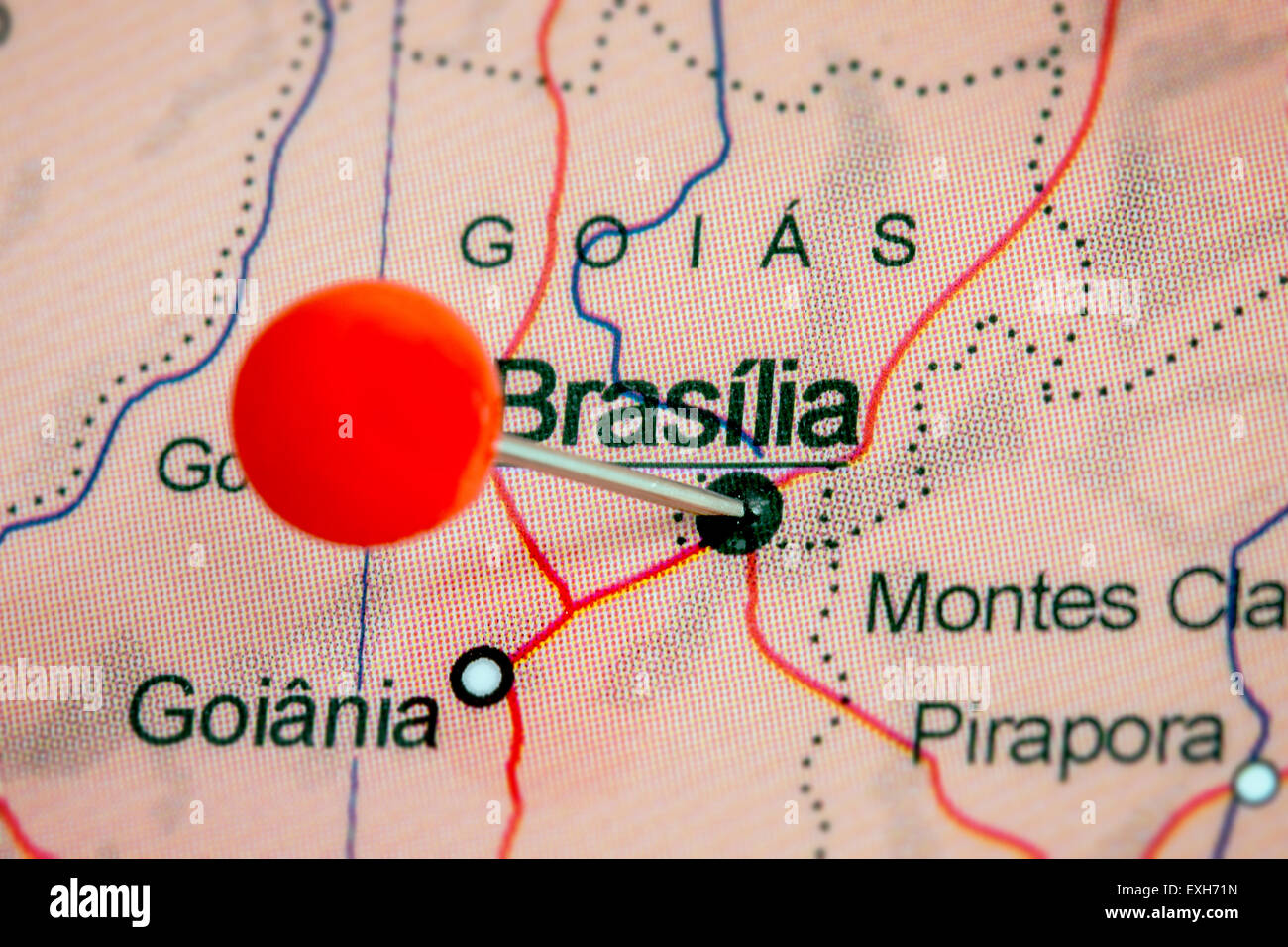 Close-up of a red pushpin on a map of Brasilia, Brazil Stock Photo