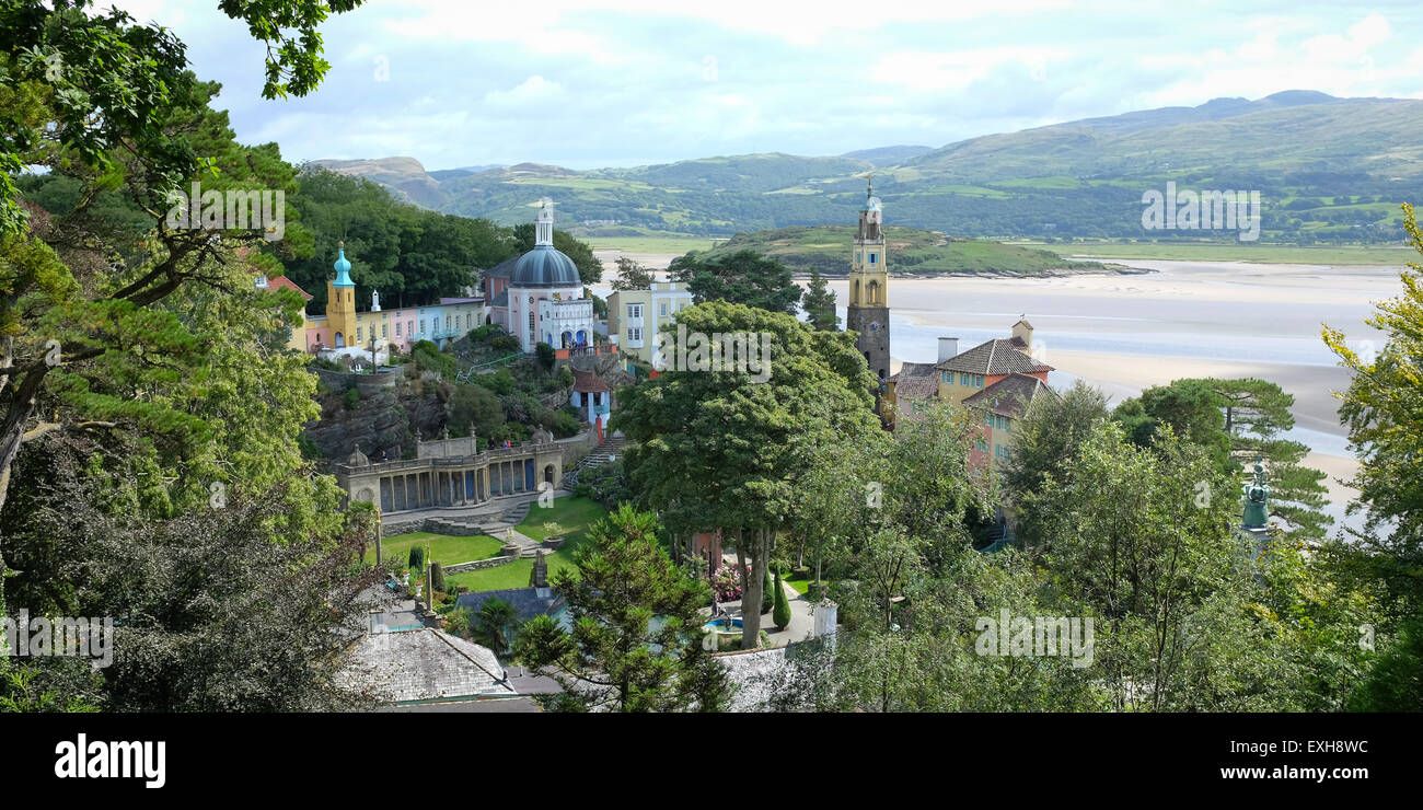 Portmeirion village  Gwynedd, North Wales with the Afon Dwyryd river in the background Stock Photo