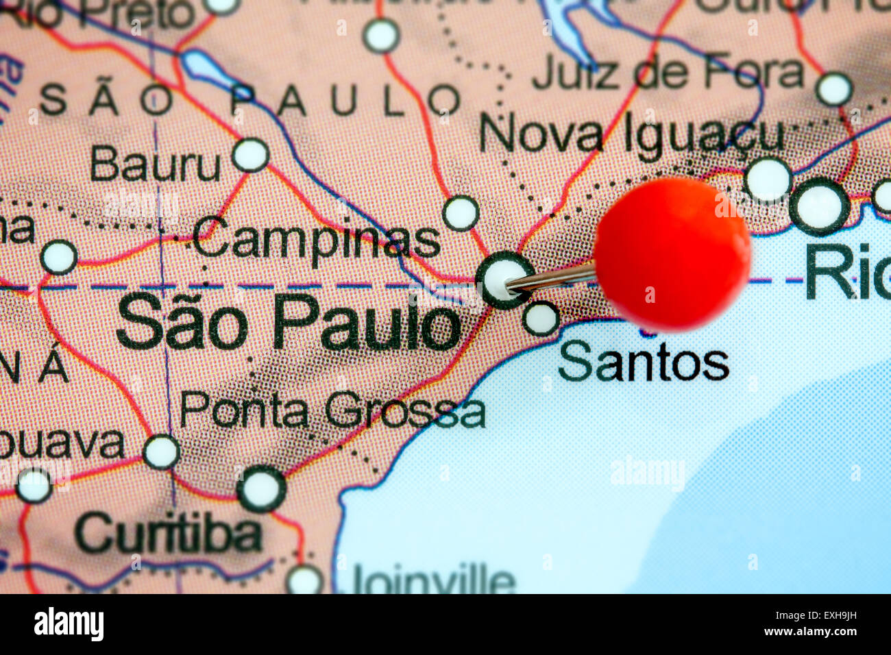 Close-up of a red pushpin on a map of Sao Paolo, Brazil Stock Photo