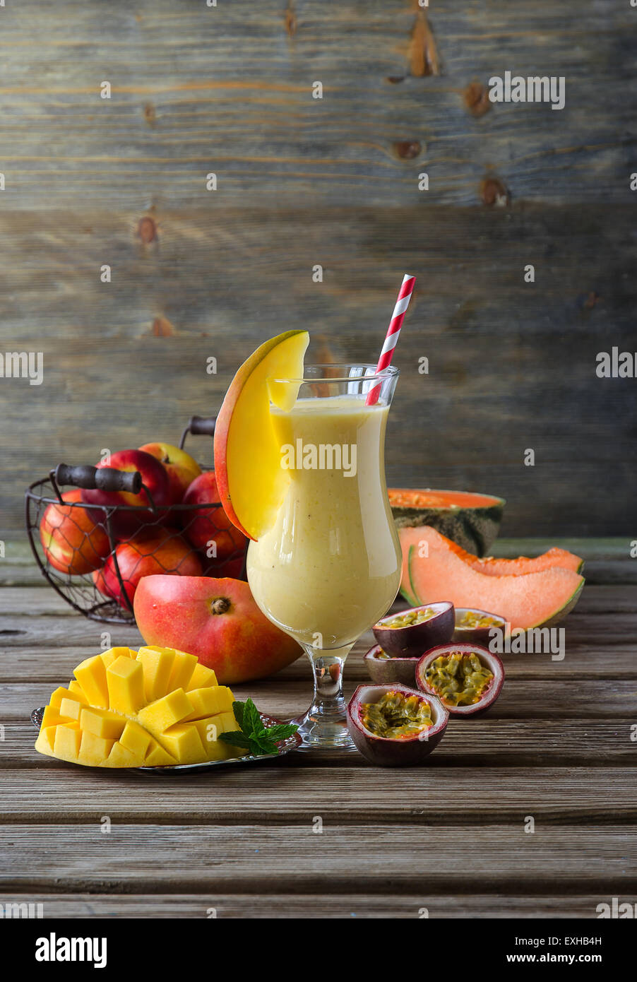 Healthy diet, tropical mango, melon and passion fruit smoothie with