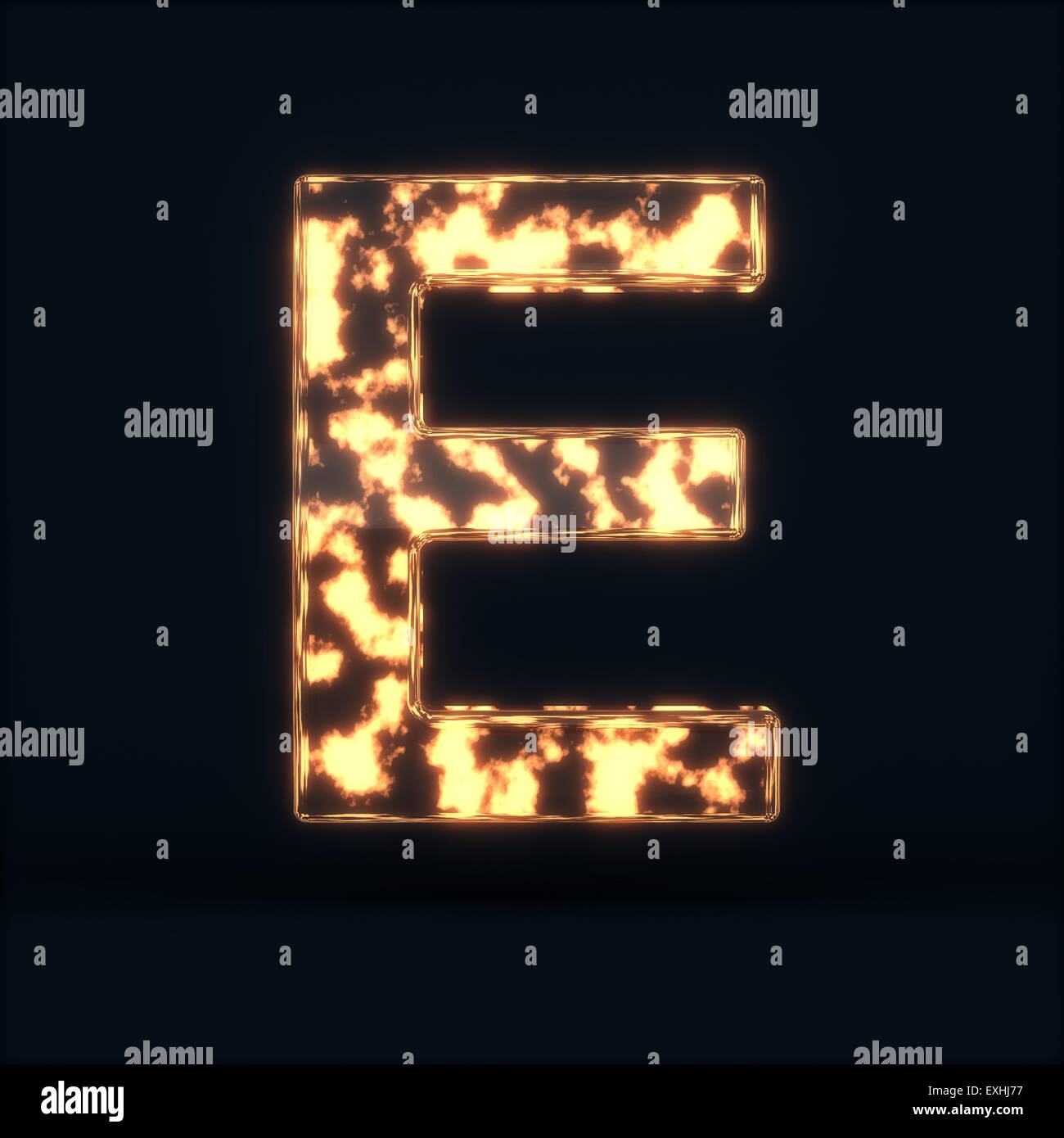 3d render of glass glowing fire letter E symbol on the dark background ...