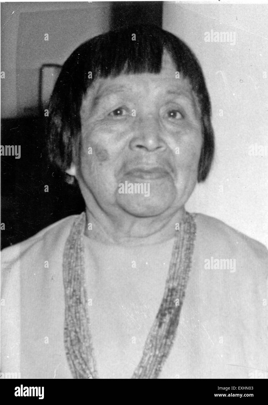 A photograph of Polingaysi Qoyawayma, a prominent Native American artist, taken around 1970. The image showcases her standing as a key figure in Native American art, known for her unique and innovative approach to pottery and weaving. Stock Photo