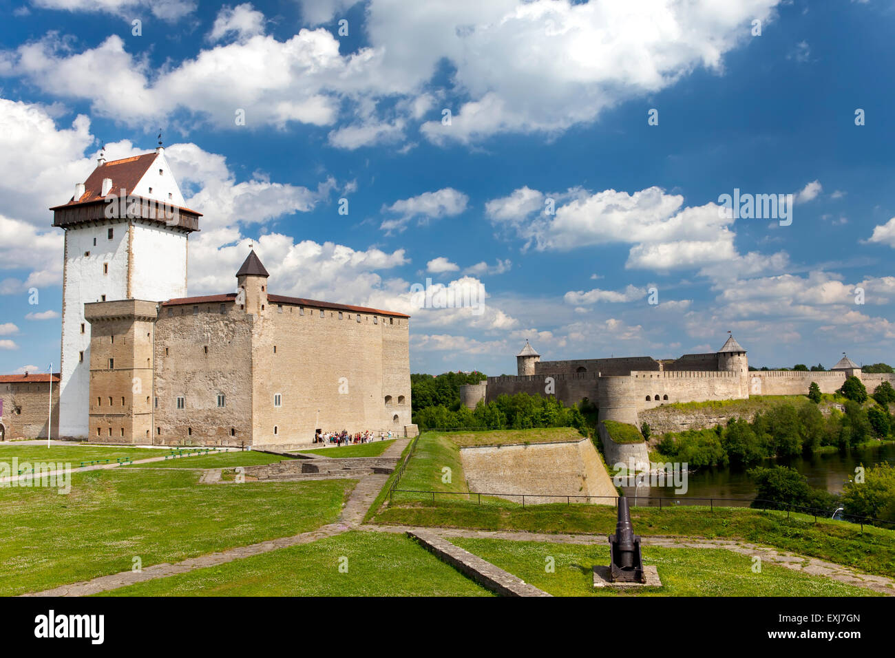 Two ancient fortresses on the parties from the river which is border. Narva, Estonia and Ivangorod behind the river, Russia. Stock Photo